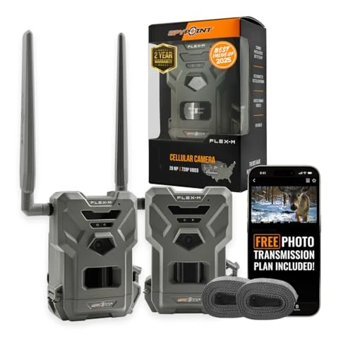 SPYPOINT Flex-M Twin Pack Cellular Trail Cameras - Best Hunting Accessories, No WiFi Needed, GPS, Night Vision, Dual-Sim LTE, IP65 Water-Resistant Game Camera, 28MP Photos, 720p Videos + Sound (2)