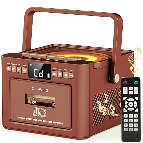 Cd Player Portable Boombox with Bluetooth, AUX/TF/USB Drive, Tape Recording, Boombox Radio with Speakers, Headphone Jack, LED Display, for Home,Kids,Gift