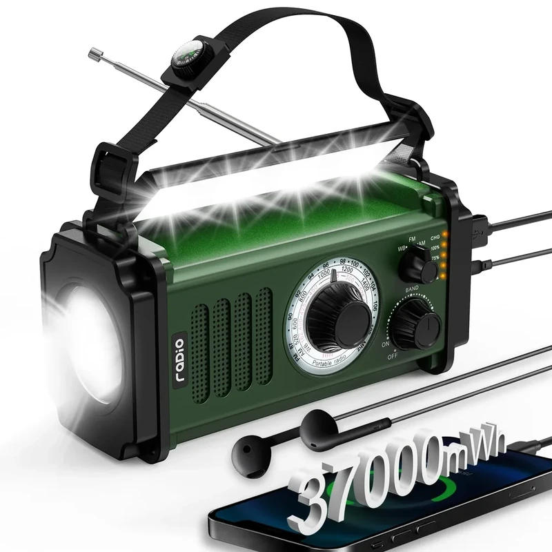 37000mWh Hand Crank Emergency Radio, Portable Solar AM/FM/NOAA Weather Radio with Rechargeable Battery Powered, USB Charger, SOS Alarm, Flashlight/Reading Lamp for Home Outdoor Survival-Dark Green