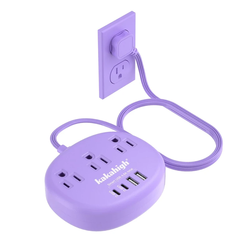 kakahigh Purple 5ft Power Strip - 1625W Surge, 3 Outlets + 4 USB (24W)