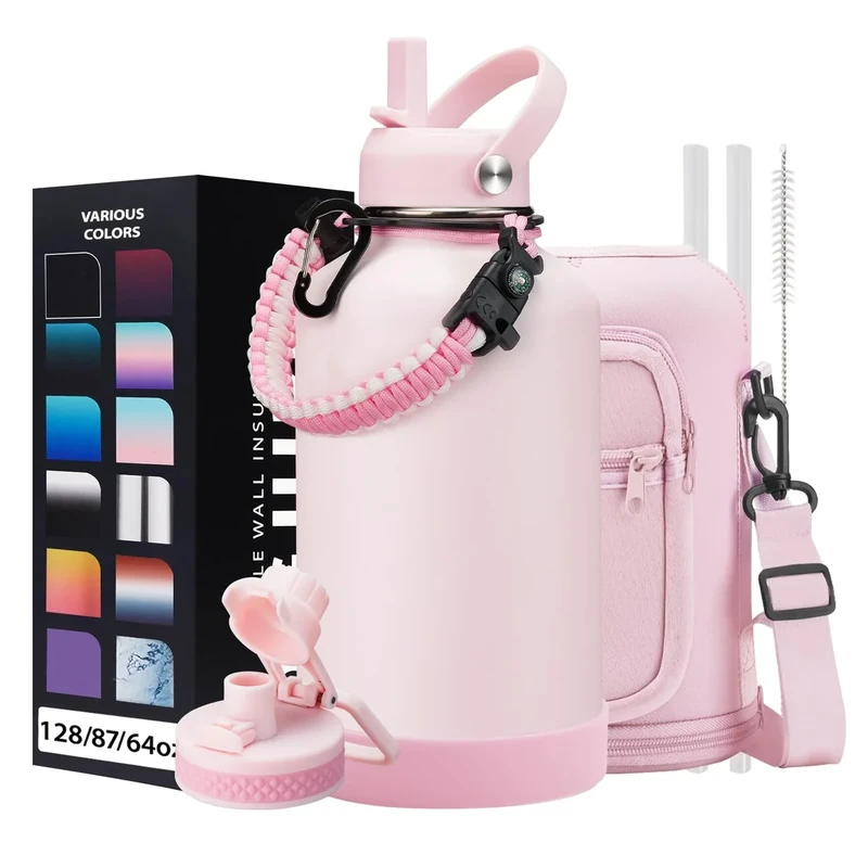 Half Gallon Water-Bottle with Straw - Pop-up Chug Lid (Cold 48H & Hot 24H) 64oz Insulated Water Bottle Flask with Sleeve Strap, Paracord Handle, Bottle Boot, Pink Stainless Steel Metal Water Jug