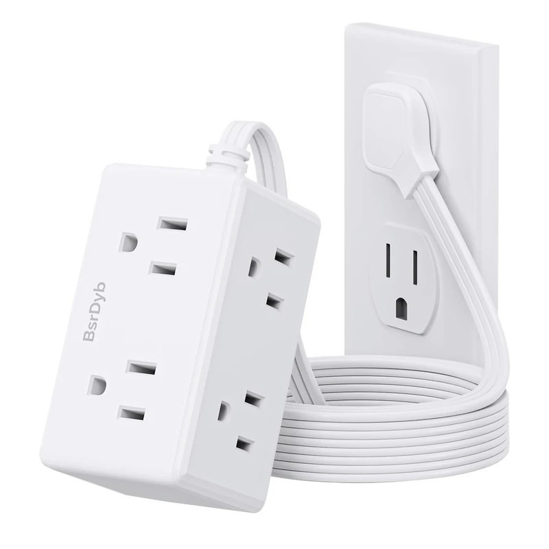 BsrDyb 5ft Flat Plug Power Strip - 6 White Outlets, Wall Mount, ETL