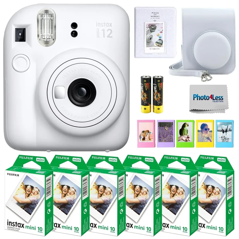 Fujifilm Instax Mini 12 Bundle - Clay White, 60 Film, Case & Strap