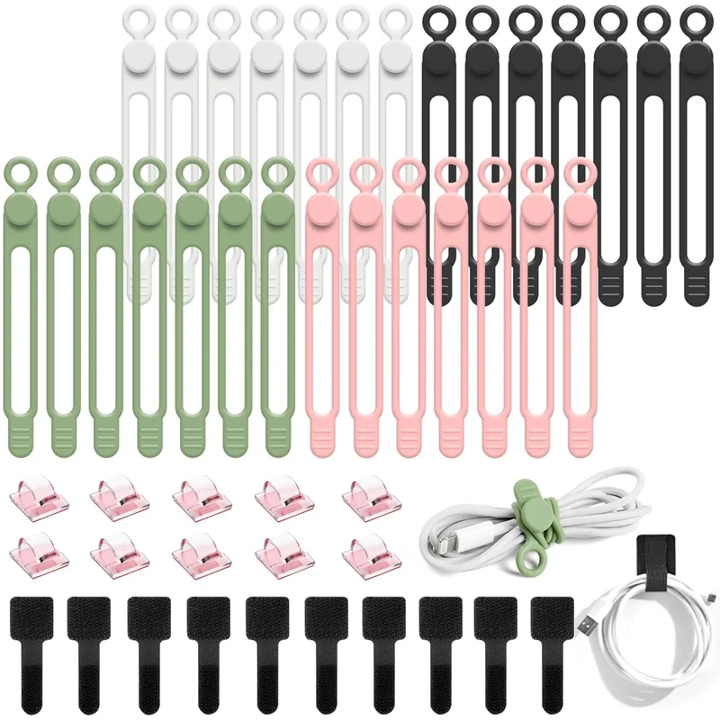 OneLeaf 48Pcs Silicone Cable Ties, Elastic Cord Ties for Cable Organizer, Reusable Wire Management, Cord Organizer Essentials, Multipurpose Cable Management for Travel/Portable/Office/Home Desk