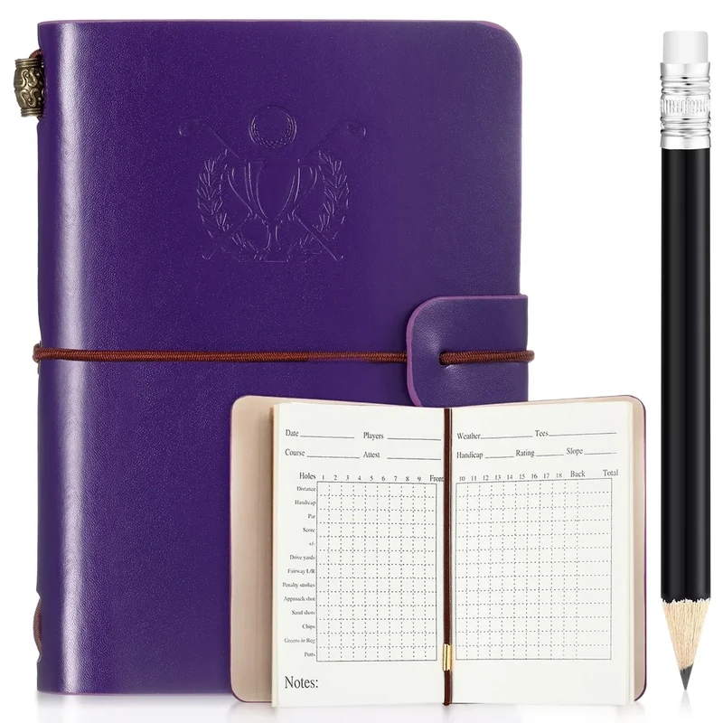 Yexiya Golf Scorecard Book with Pencil Leather Golf Journal Scorecard Holder Accessories Notebook Log Book Pocket Scorebook Gifts for Men Golfers, Sports and Outdoor Club Accessories(Purple)