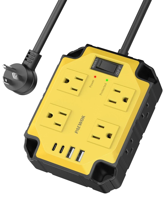 8-Outlets Heavy Duty Power Strip with 4 USB Ports(2 USB-C), Industrial Magnetic Surge Protector Power Strip 15 Amps/1200 Joules, 6.5 Ft Multi-Plug Electric Extension Cord for Workshop Garage (Yellow)