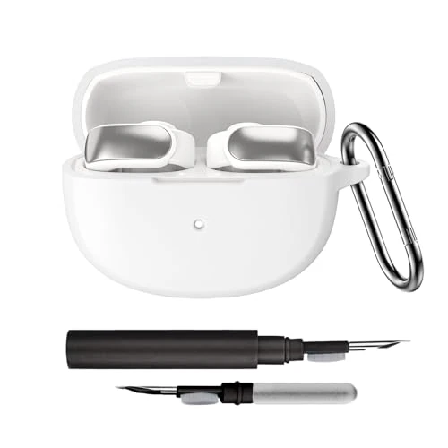 Silicone Case Cover for New Bose Ultra Open Earbuds, Shockproof Protective Skin Case for Bose Ultra Open Earbuds 2024 with 3-in-1 Cleaner Kit and Carabiner (White, Front LED Visible)