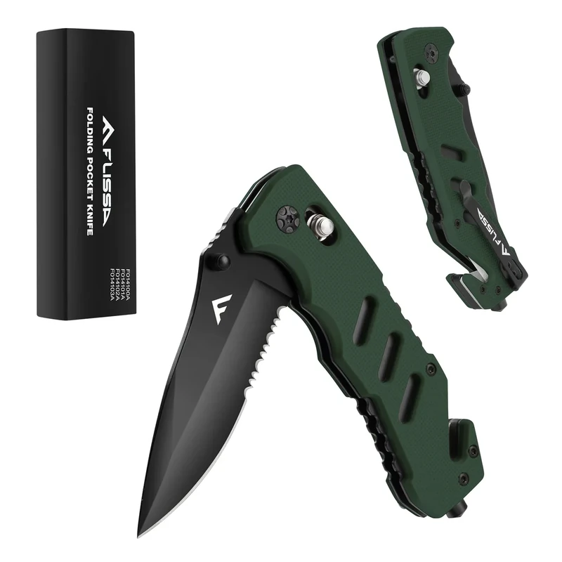 FLISSA Folding Pocket Knife with Clip, Glass Breaker and Seatbelt Cutter, Survival Knife for Emergency Rescue Situations, EDC Knife for Tactical, Hunting, Camping, Outdoor, Unique Gifts for Dad, Father-Green
