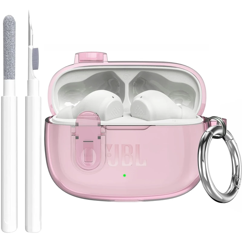 OTOPO Clear TPU Case with Carabiner & Cleaner for JBL Vibe Beam 2 Pink