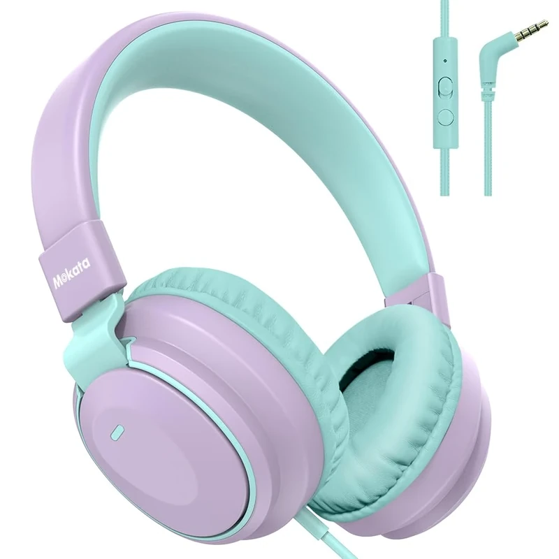 Headphone Kids Volume Limited 85/94dB Wired Over-Ear/On-Earr Foldable Headset with Inline Cable Aux 3.5mm Cord Mic for Toddler Boy Girl Child Back to School Pad Tablet Light Purple