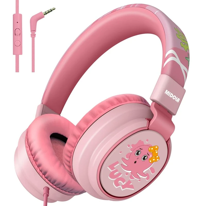MIDOLA Kids Headphones Volume Limited 85/110dB for Over-Ear Foldable Sound Protection Headset with Mic Inline AUX 3.5mm Cord for Child School Travel Tablet Pad Notebook Cartoon Pink