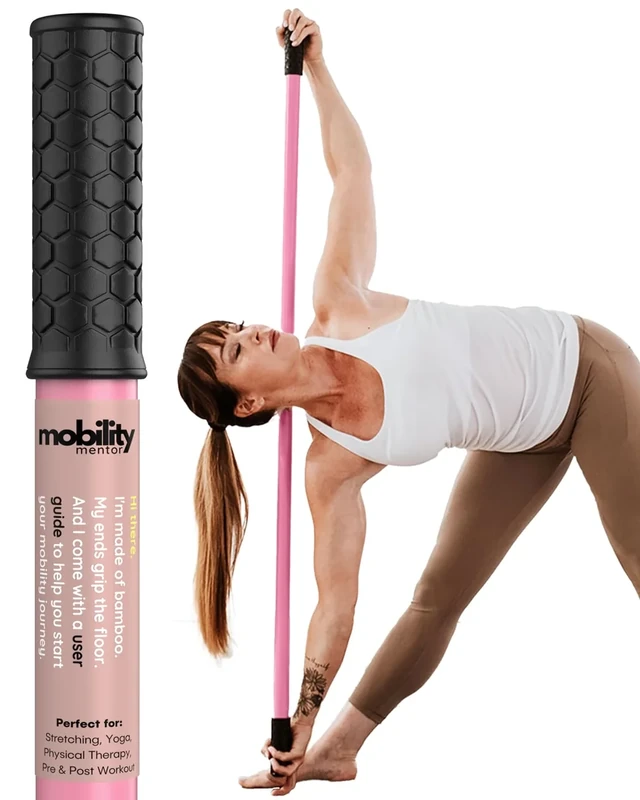 Yoga Stick Made from Natural Bamboo - 5ft Stretching Stick for All Fitness Levels - Stretch Bar with Non-Slip Handles for Mobility, Balance & Physical Therapy - Access 20+ Online Video & PDF Guides