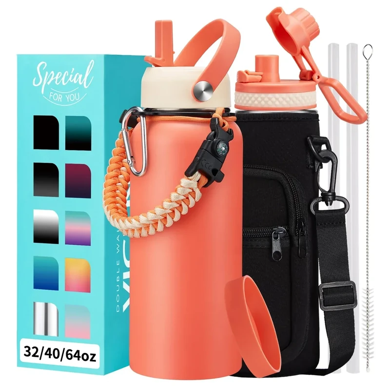Insulated Water Bottle 32oz with Straw - Pop-up Spout Lid, Paracord Handle, Strap Shoulder Carrier, Protective Boot, Wide Mouth Triple Walled Vacuum Stainless Steel Water Flask for Men Women Gym