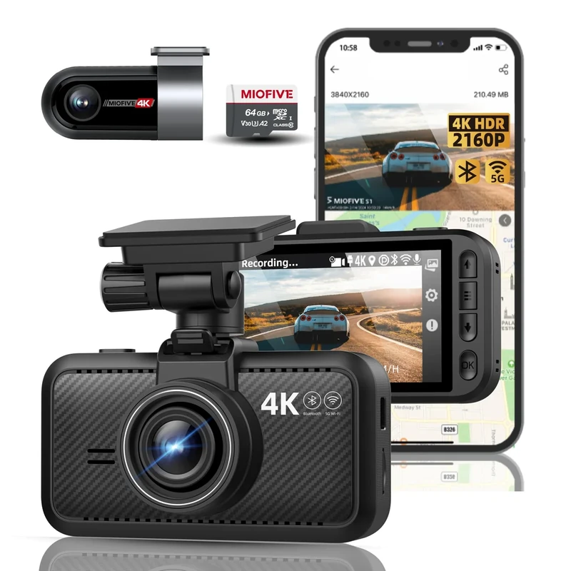 Miofive 4K Dual Dash Cam - WiFi Bluetooth, HDR Night Vision, 64GB Card