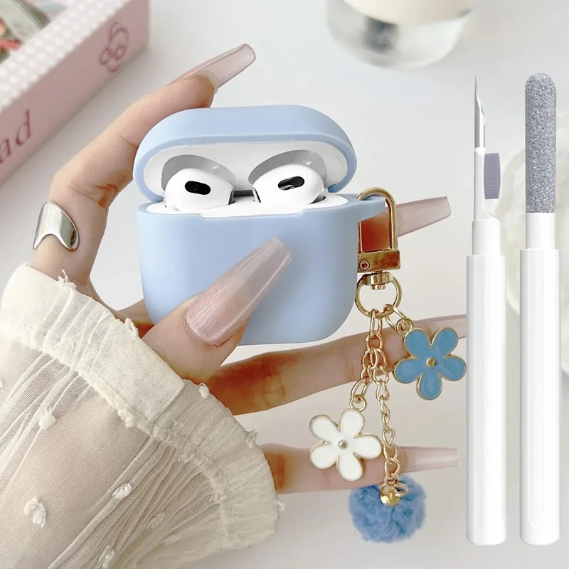 Cute Sky Blue Case for Airpods 3rd Generation Cover for Girl Women with Pom pom Flower Keychain & Cleaner Kit, Soft Silicone Airpods iPod 3rd Gen Protective Cover Skin for Airpods 3rd Gen
