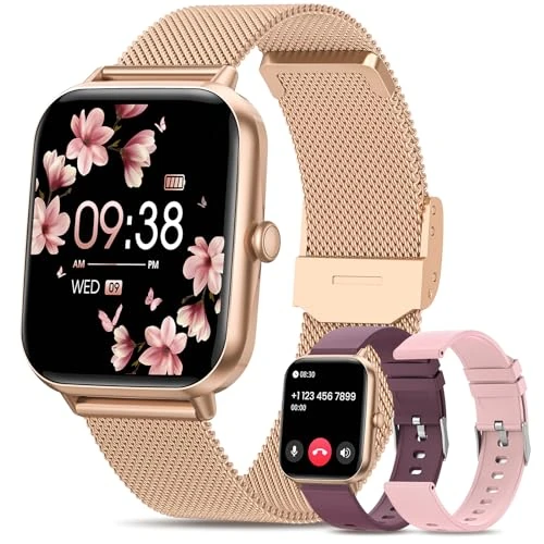 RUXINGX Smart Watch for Men & Women - Bluetooth Call, Gold-Wine Red