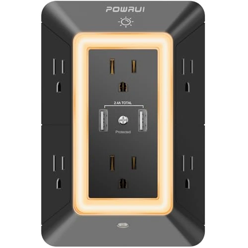 POWRUI 6-Outlet Surge Protector with 2 USB Ports & Night Light