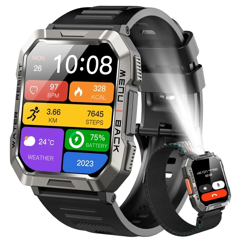 Blackview Smart Watch for Men - Bluetooth Calls,2.01" Smartwatch with Flashlight,Heart Rate Monitor,Sleep Monitor,Pedometer,Notification,Activity Bracelet 100+ Sports Modes, Large 900 mAh Battery