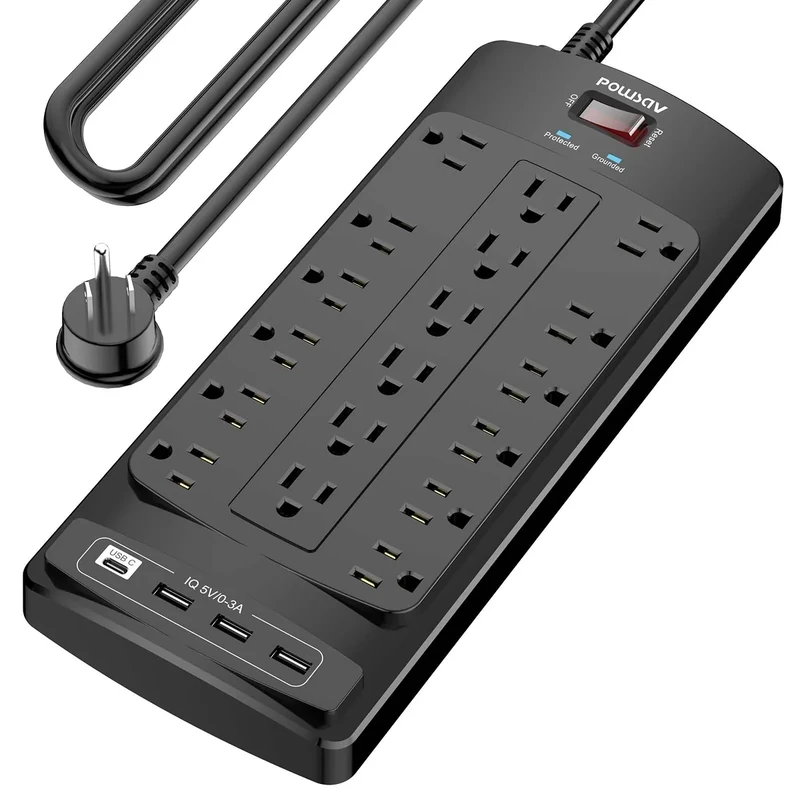 POWSAV 18-Outlet Surge Protector with 4 USB Ports - 15ft Plug, 2100J
