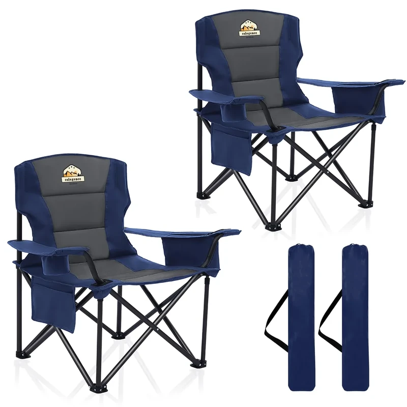 Oversized Camping Chairs 2 Pack - 450lbs Support Heavy Duty Folding Camp Chair Wide Portable Outside Collapsible Chairs with Carry Bag,Cooler,Cup Holder for Outdoor,Lawn,Sports,Baseball,Soccer-Navy