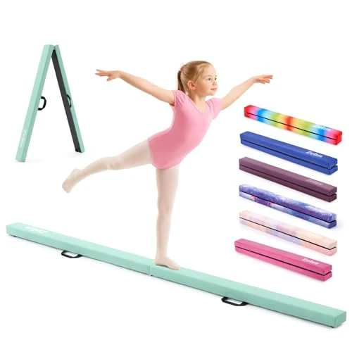 ZELUS Artistic Gymnastics Beam 244 cm Folding Balance Beam Floor Beam Solid Wood Base and Non-Slip with Handles for Kids, Beginners and Gymnasts for Home, Green