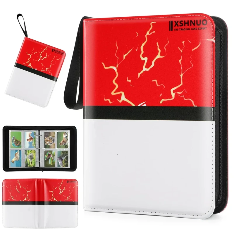 XSHNUO Trading Card Binder, 4 Pockets Cards Holder Collector Album with 55 Removable Sleeves Compatible with Pokemon Trading Cards Football Card TCG Game Sports Card (4 Pockets), Red