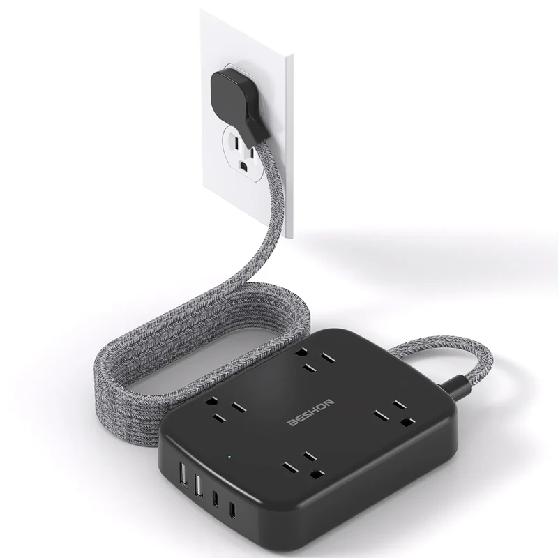 BESHON 15ft Flat Plug Power Strip - 4 Outlets, 4 USB, 900J Surge