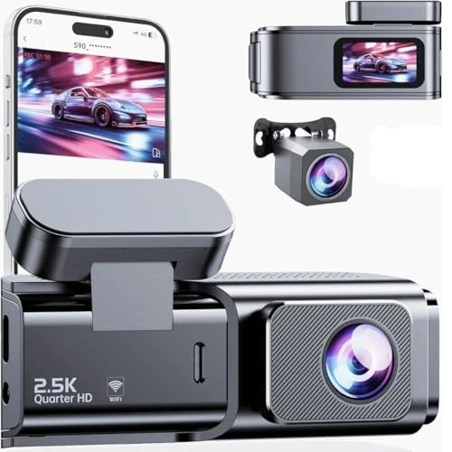Dash Cam Front and Rear: 2.5K+1080P Dual Dash Camera for Cars, Ecomoment Car Camer with 1.47" IPS Screen, Built-in Wi-Fi, 170° Wide Angle, G-Sensor, 24H Parking Mode, Included 32GB Card, Silver