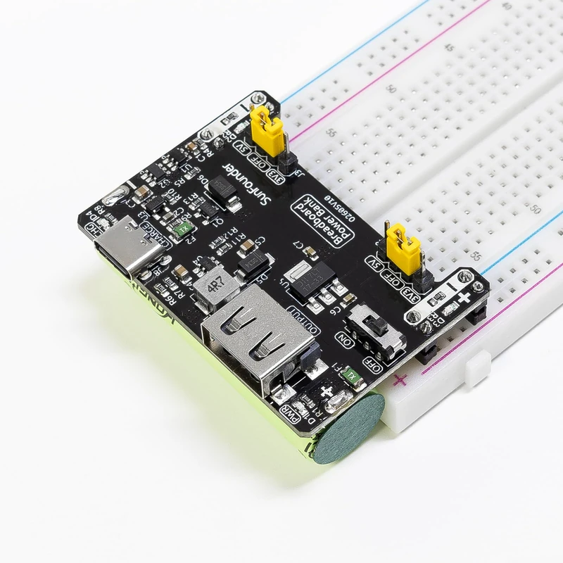 SunFounder BreadVolt Breadboard Power Supply Module Built-in Rechargeble Battery Compatible with Arduino, Raspberry Pi, Pico W, ESP32, 5V/1.5A, 3.3V/1A, USB Output (Breadboard NOT Included) - Image 1