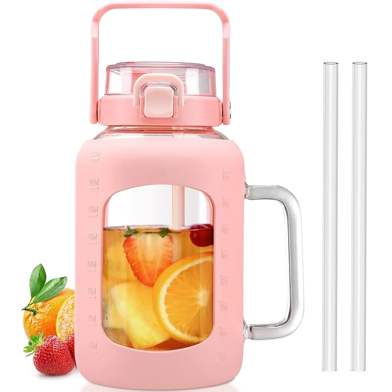 BLUEGO Water Bottle 64 oz Tumbler with Lid and Straw, Glass Water Bottle with Straw, Water Tumbler with Handle Half Gallon Water Jug Large Waterbottle for Daily Water Intake, BPA Free, Pink
