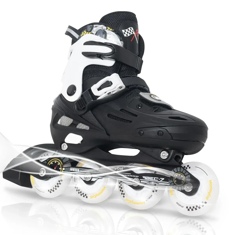 MammyGol Inline Skates for Boys and Girls Youth, 4 Size Adjustable Roller Skates with PU Flashing Wheels, Aggressive Inline Skates High Performance for Kids Age 6-12, Black White