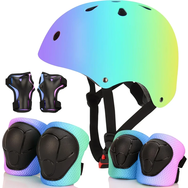 Color Gradient Adjustable Bike Helmet with Knee and Elbow Pads - Kids Toddler Boys and Girls Skateboard Helmet for Ages 3-14 | Ideal for Riding, Scooters, Inline Skating, Longboarding, Roller Skating