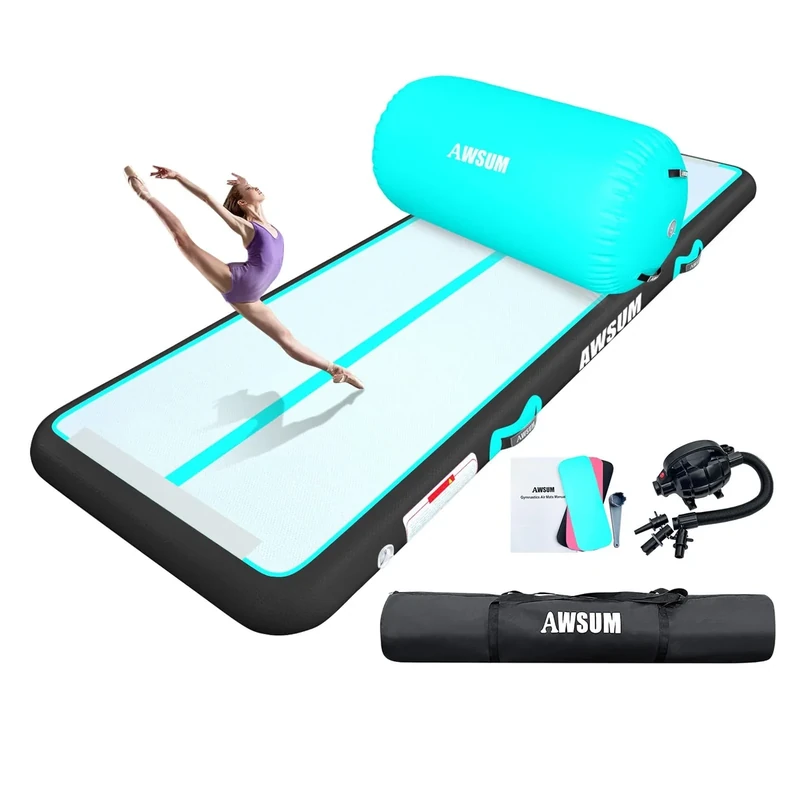 AWSUM 13ft Gymnastics Mat with Air Roller Tumbling Barrel Back Somersault Backbend Trainer for Inflatable Gymnastics Springboard Back Handspring Equipment, with Electric Pump