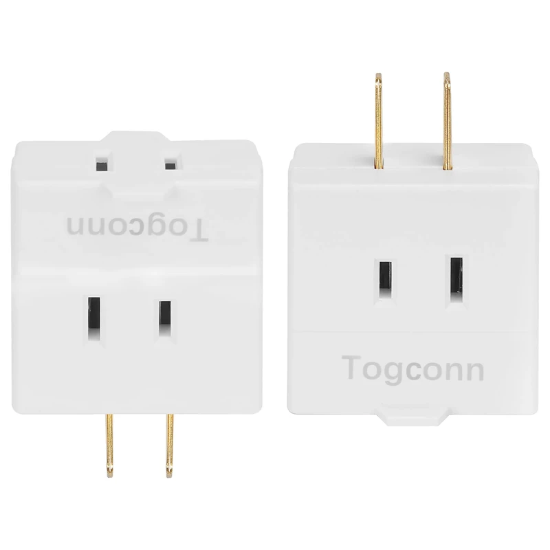 2-Prong 3-Outlet Polarized Wall Extender 2 Pack - Multi Plug Splitter Converter With 3 Side Outlets, Spaced Adapter for Old Home, Hotel - Non-Ground, White