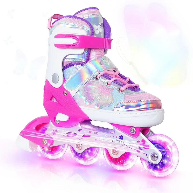 Kids Inline Skates for Girls Boys - Rose Red Blades Roller for Kids Age 10 11 12 - Adjustable All Light up Wheels Indoor Outdoor Sports Birthday Gift for Son and Grandson