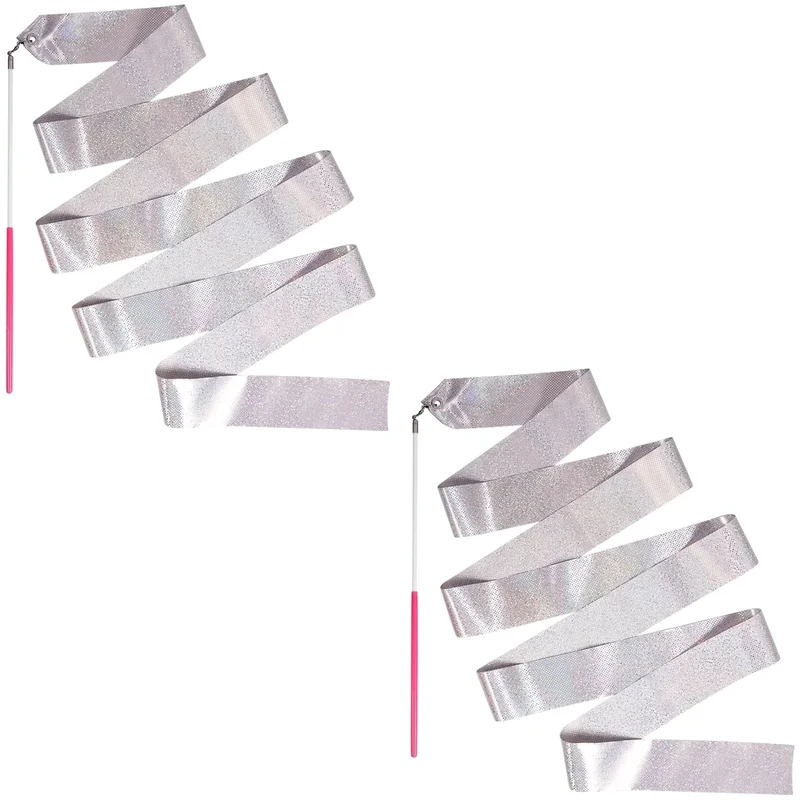 HiUnicorn 2PCS Sparkly Silver Dance Ribbons for Kids Party Favor, 6.6 Ft Streamer Ribbon Dancer Wand for Toddler Gymnastics Rhythmic Dancing, Worship Praise, Talent Show, Outdoor Toy