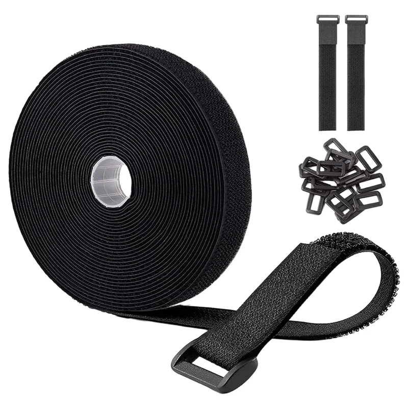 Jumpso 16ft 1 inch Wide Hook and Loop Straps with 15pcs Buckles, Heavy Duty Nylon Reusable Cut-to-Length Molle Straps for Cable Organizer or Storage, Black