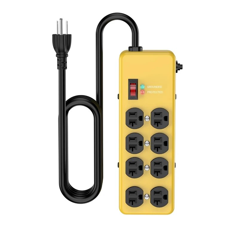 Heavy Duty Power Strip 20 amp,Metal 8 Outlet Power Strip,Wall Mount Surge Protector 4800J,12 Gauge 10FT Extension Cord 5-15P Adapter Workshop & Industrial Use with 6-20R T-Slot Outlets