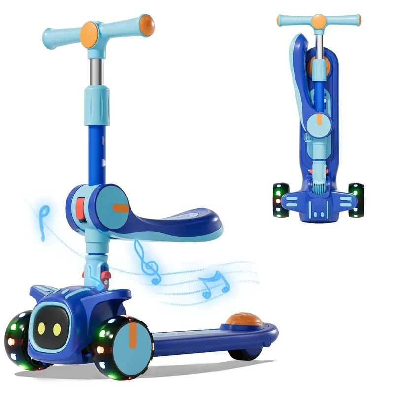 3 Wheel Scooter for Kids - Foldable & Unbreakable, 2-in-1 Kick Scooter with Music and Lights, Adjustable Height, Wide Deck, Flashing Wheel Lights, Easy for Beginner Toddlers Aged 3-8