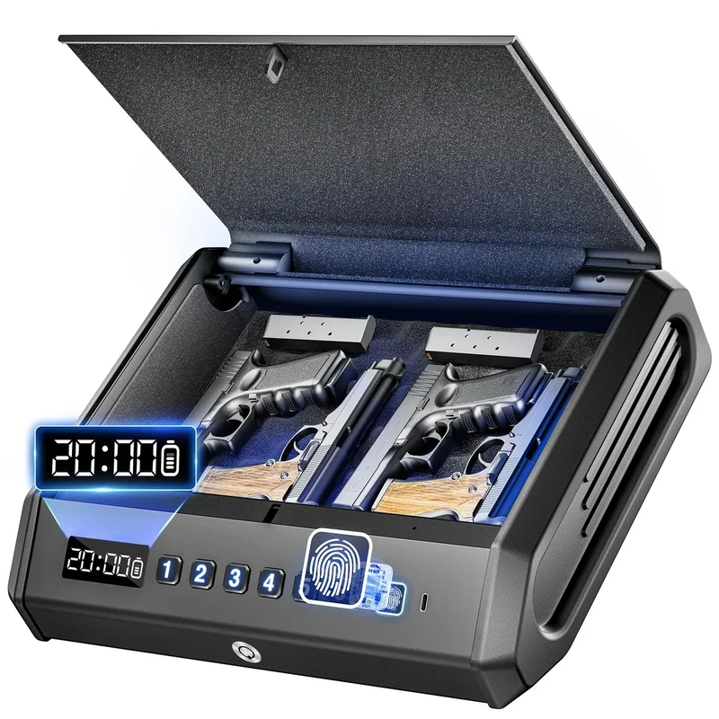 Large Biometric Gun Safe fits 4 pistols, 100 Sets of Fingerprint Handgun Safe, Internal Light & Silent, Gun Lock Box for Home Bedroom Bedside Nightstand and Car, 3-Ways Access, Emergency Power,TOPMEDA