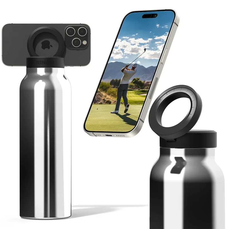 Ringo Insulated Water Bottle | Compatible MagSafe With Phone Holder | Stainless Steel Water Bottle With Magnetic Phone Tripod Mount | Hot for 12H, Cold for 24H, 360° Rotate - Stainless Steel 32oz