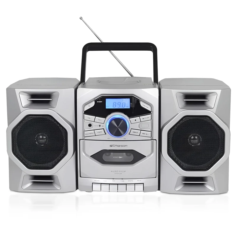 Emerson Portable CD Player Boombox with Cassette Player, Tape Recorder, AM/FM Radio, MP3 AUX Input, Detachable Speakers, AC/DC & Battery Operated – Stereo System for Home, Travel, Indoor & Outdoor Use