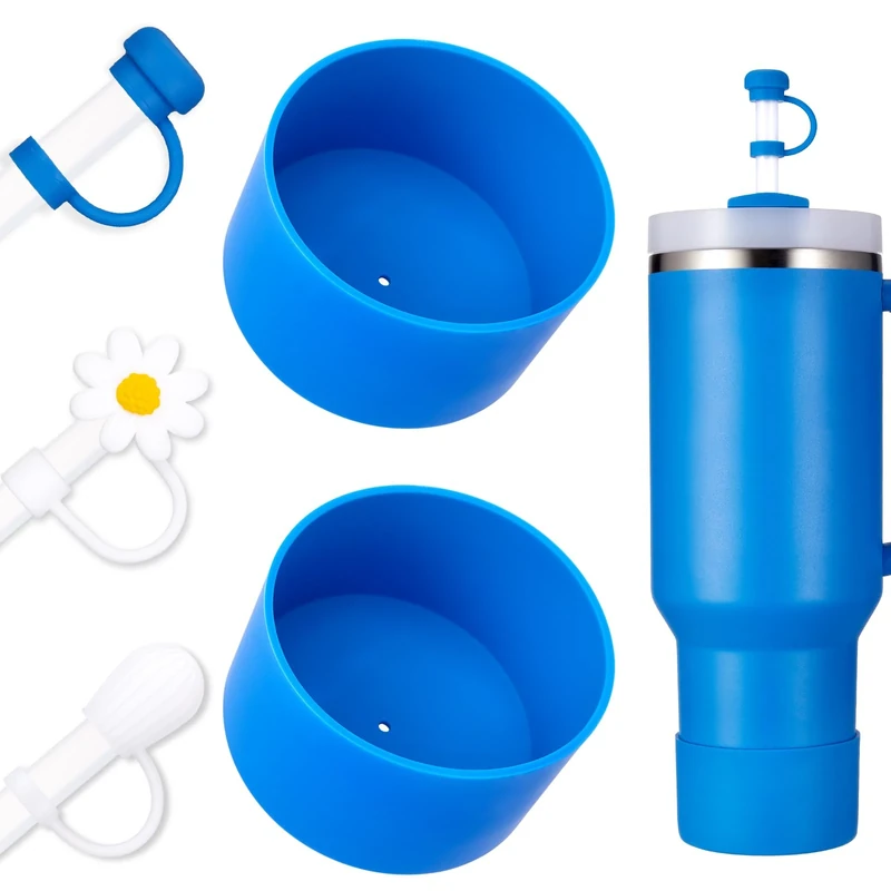 DUNLAGUE Boot and Straw Cover Set - 2pcs Silicone Boot, 3pcs Straw Cap, Bottom Protector for Stanley Cup H2.0 30oz & 40oz, Exact Color Match with Stanley, Accessories Azure