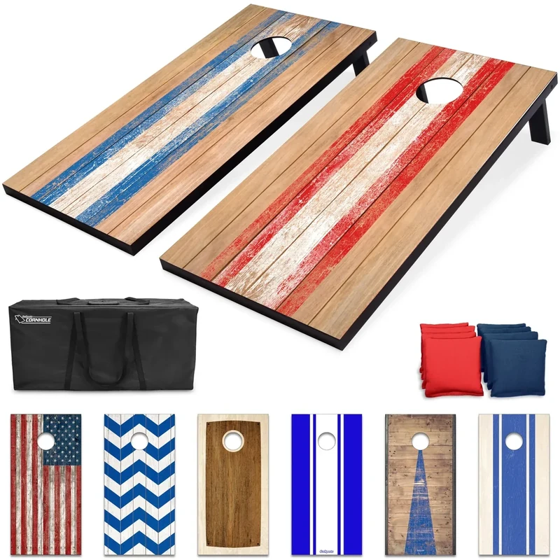 GoSports 4 x 2 ft Barnwood Design Cornhole Game Set - Includes Two 4 x 2 ft Boards, 8 Bean Bags, and Carry Case