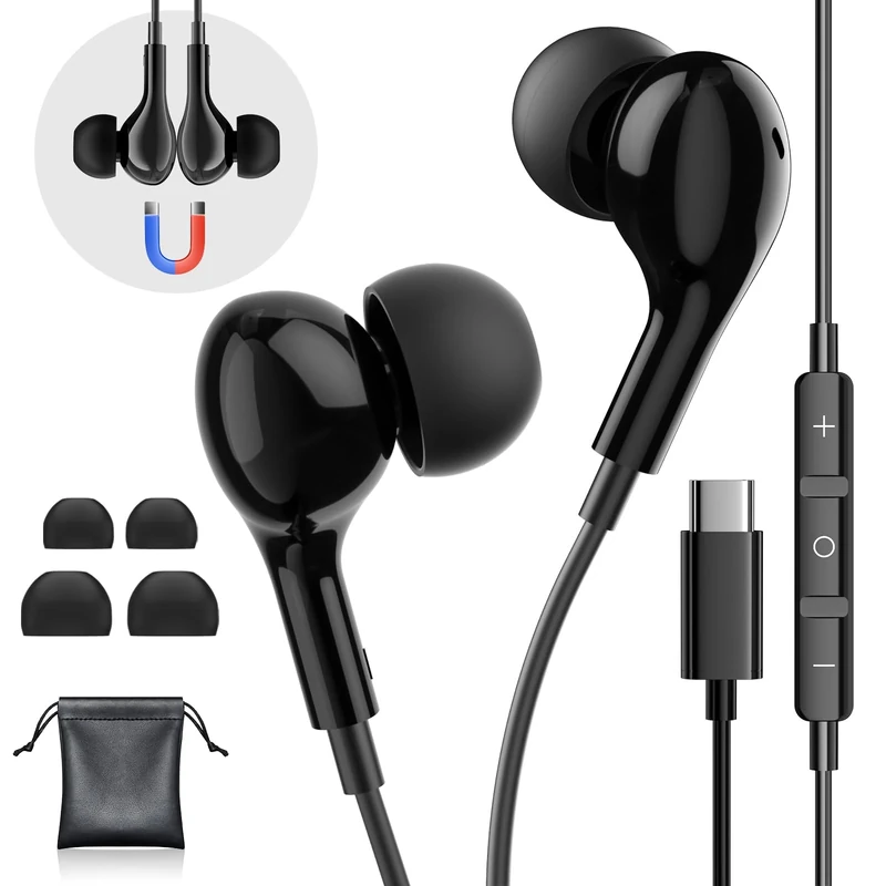 USB C Headphones for iPhone 17 Air 16 Wired Earphones for Samsung Galaxy S24/S23/S22/S25 Ultra for iPhone 15 Pro Wired Earbuds with Mic Stereo Noise Cancelling Type C Earbuds for Pixel 9/Oneplus 12