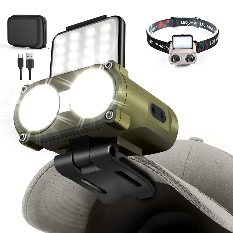 Hopedone LED Hard Hat Light, 800Lumens Rechargeable Dimmable Clip on Cap Lights, 180°Adjustable Hat Flashlight Headlamp Waterproof for Running, Camping, Hunting, Cycling (Olive Green)