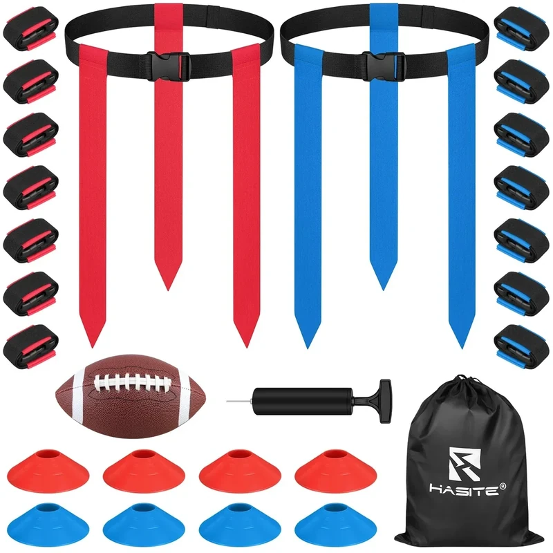 HASITE Flag Football Set, 14 Player Adjustable Flag Football Belts, 42 Flags, 8 Practice Cones, Size 3 Football, Pump and Bag, Perfect for Youth, Adults and Children to Capture The Flag