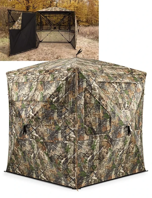 TIDEWE Hunting Blind 360°See Through with Large Open Door, Pop Up Ground Blind with Removable Curtain & Carrying Bag, Portable Resilient Tent(Forest Fade Camo, 2-3 Person, 4-Sided Swing Door)