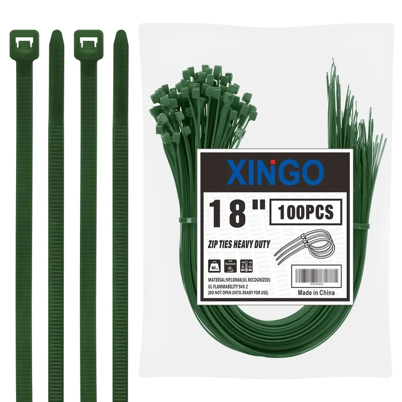 XINGO 18" Garden Green Zip Ties 100 Pack - 60lb Tensile UV