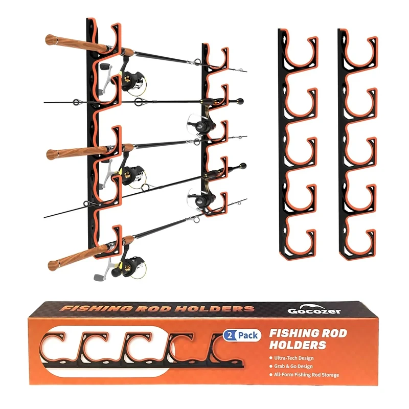 Gocozer Fishing Rod Holder for Garage, H5 Wall or Ceiling Mounted Fishing Pole Holders with Soft Protective Pad, Fishing Rod Storage Organizer, Horizontal Fishing Rod Wall Mount Nets Storage (2 PACK)